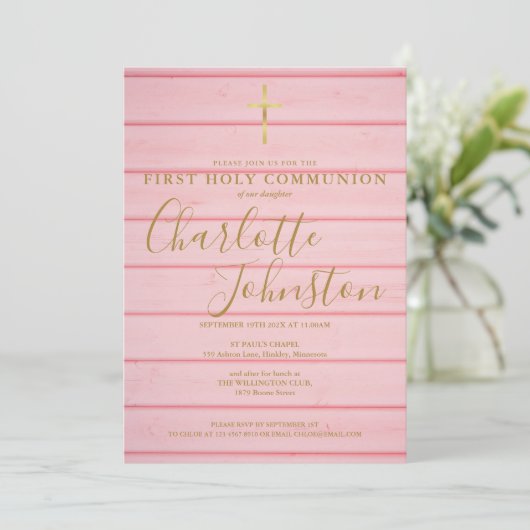 Roze Rustiek Hout Script Eerste Heilige Communie Kaart (Staand voorkant)