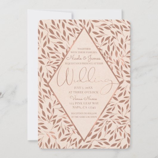 Roze rustieke bladeren botanische glam bruiloft kaart (Voorkant)