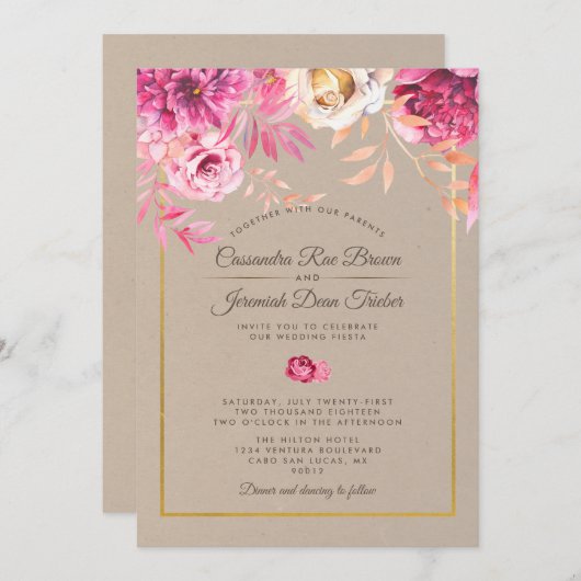 Roze rustieke bruiloft uitnodiging (Voorkant / Achterkant)