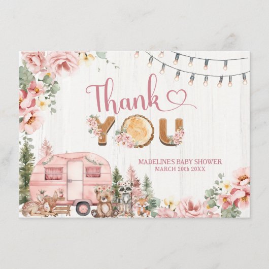 Roze rustieke houten camper dank u kaart (Voorkant)