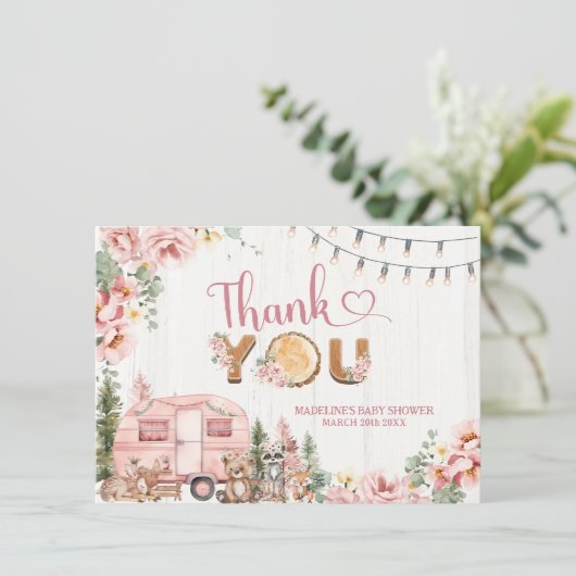 Roze rustieke houten camper dank u kaart (Staand voorkant)