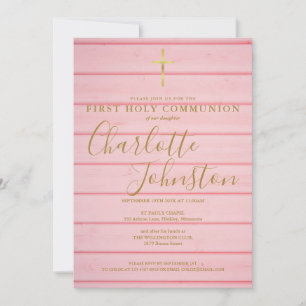 Roze Rustieke Houten Lettertype Eerste Heilige Com Kaart