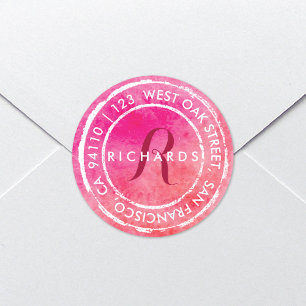 Roze rustieke Waterverf Monogram   Afgerond adres Ronde Sticker