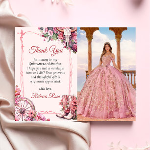 Roze Rustieke Westerse Quinceanera Dankkaart Kaart