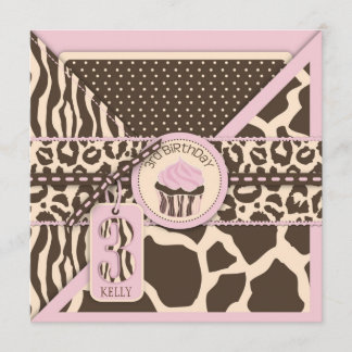 Roze Safari Animal Print & Cupcake Derde verjaarda Kaart