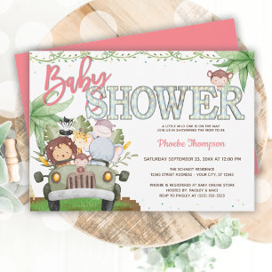 Roze Safari Dieren Baby shower Kaart