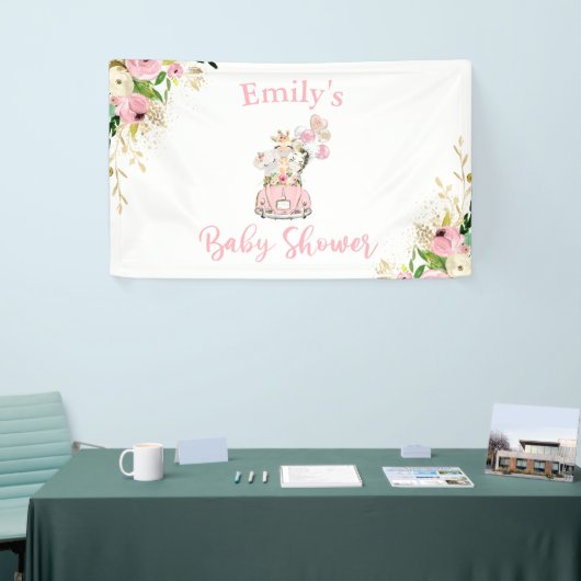 Roze Safari-dieren rijden op Baby shower Spandoek (Beurs)