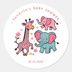Roze Safari Dieren Thema Meisje Verjaardagsfeestje Ronde Sticker