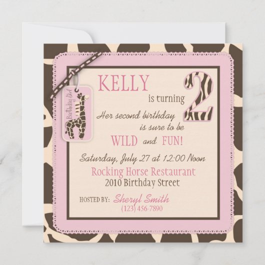 Roze Safari Giraffe en Cupcake Tweede verjaardag Kaart (Achterkant)