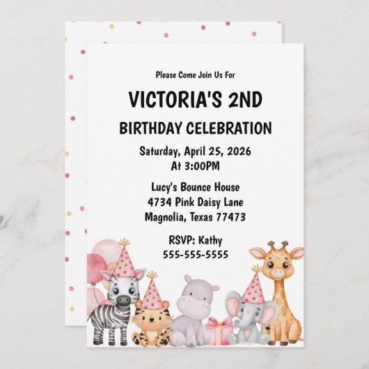 Roze Safari Oerwoud Animal Verjaardagsuitnodiging Kaart (Voorkant / Achterkant)