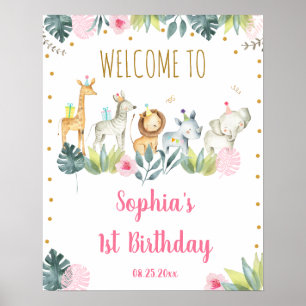 Roze Safari Oerwoud Party Animals Birthday Welkom Poster