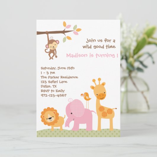 Roze Safari-uitnodigingen Kaart (Staand voorkant)