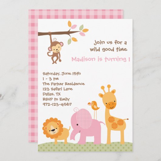 Roze Safari-uitnodigingen Kaart (Voorkant / Achterkant)