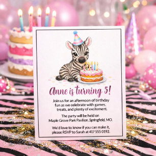 Roze Safari Zebra Meisje Vijf Verjaardagsfeestje Kaart