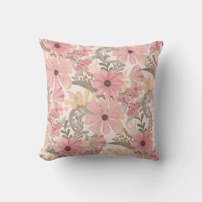 Roze Sage Green Floral laat Waterverf Pattern Buitenkussen (Voorkant)