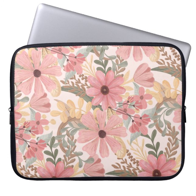 Roze Sage Green Floral laat Waterverf Pattern Laptop Sleeve (Voorkant)