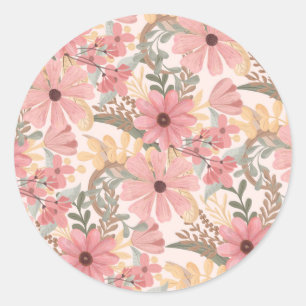 Roze Sage Green Floral laat Waterverf Pattern Ronde Sticker
