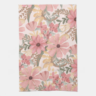 Roze Sage Green Floral laat Waterverf Pattern Theedoek