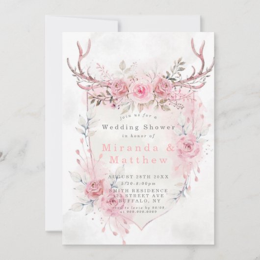 Roze Sage Peony Deer AntlerS Wedding Shower Invite (Voorkant)