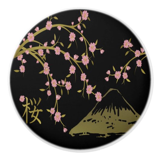 Roze Sakura Gold Black Japans scherm Keramische Knop (Voorkant)