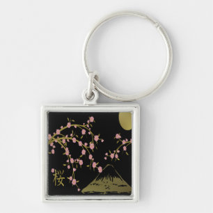 Roze Sakura Gold Black Japans scherm Sleutelhanger