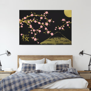 Roze Sakura Goud Zwart Japans scherm poster Canvas Afdruk