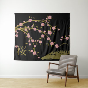 Roze Sakura Goud Zwart Japans scherm poster Wandkleed