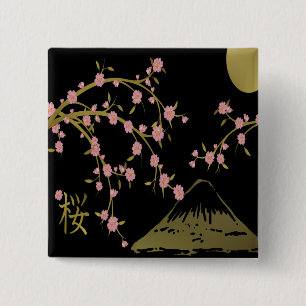Roze Sakura Goud Zwart Japans Scherm Vierkante Button 5,1 Cm