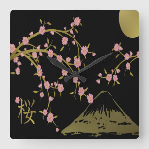 Roze Sakura Goud Zwart Japans Scherm Vierkante Klok