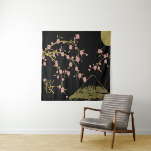 Roze Sakura Goud Zwart Japans Scherm Wandkleed