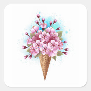 Roze Sakura Ice Cream Waffle Cone Vierkante Sticker