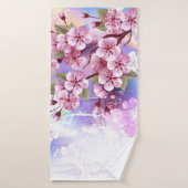 Roze Sakura op geschilderde achtergrond Badhanddoek (Badhanddoek)
