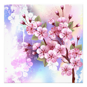 Roze Sakura op geschilderde achtergrond Foto Afdruk