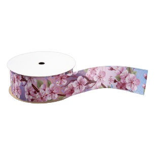 Roze Sakura op geschilderde achtergrond Grosgrain Lint