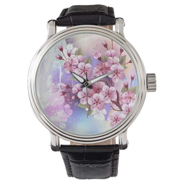 Roze Sakura op geschilderde achtergrond Horloge (Voorkant)