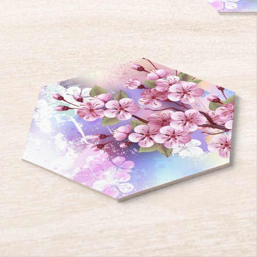 Roze Sakura op geschilderde achtergrond Kartonnen Onderzetters (Schuin)