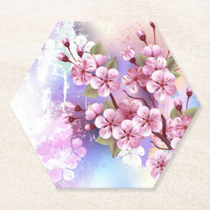 Roze Sakura op geschilderde achtergrond Kartonnen Onderzetters