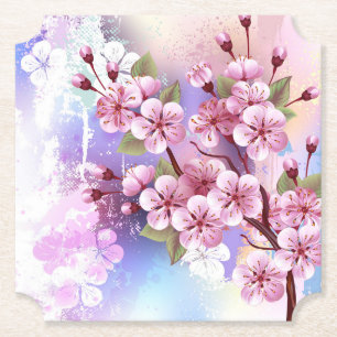 Roze Sakura op geschilderde achtergrond Kartonnen Onderzetters