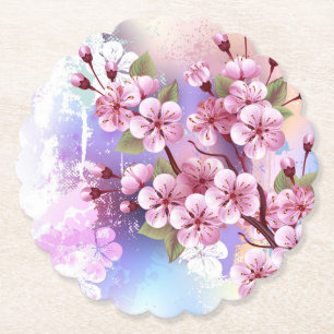 Roze Sakura op geschilderde achtergrond Kartonnen Onderzetters