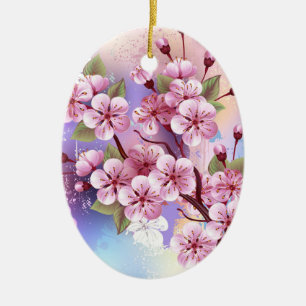 Roze Sakura op geschilderde achtergrond Keramisch Ornament