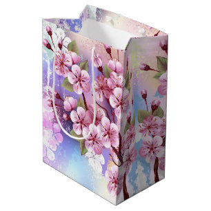 Roze Sakura op geschilderde achtergrond Medium Cadeauzakje