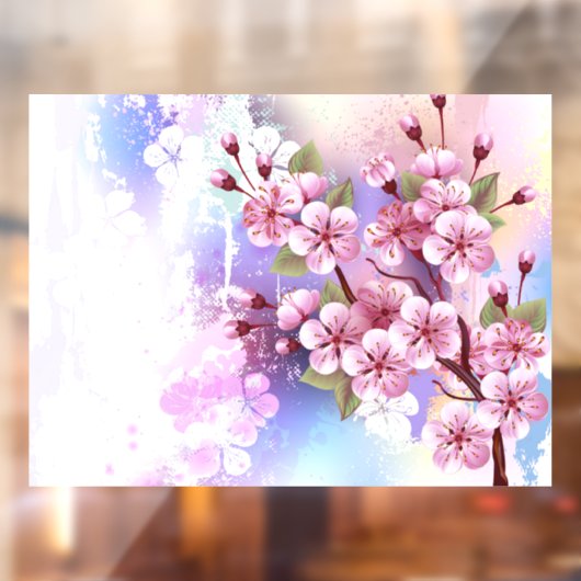 Roze Sakura op geschilderde achtergrond Raamsticker (Vel 2)