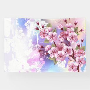 Roze Sakura op geschilderde achtergrond Spandoek