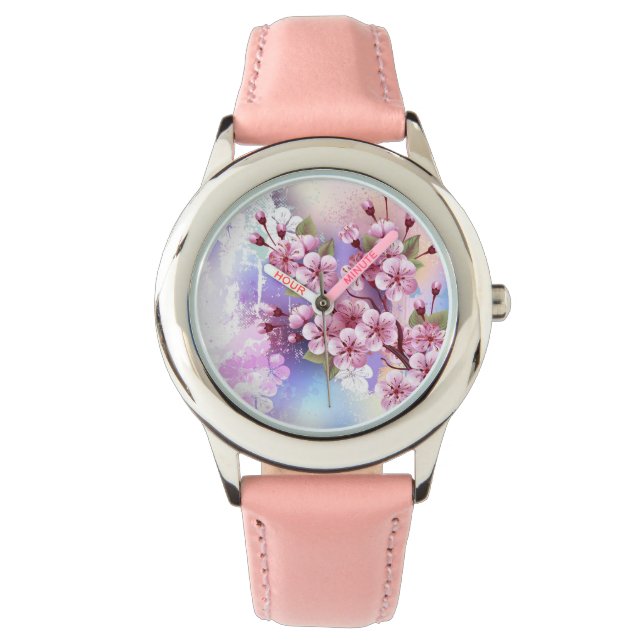 Roze Sakura op het schilderen Achtergrond Horloge (Voorkant)