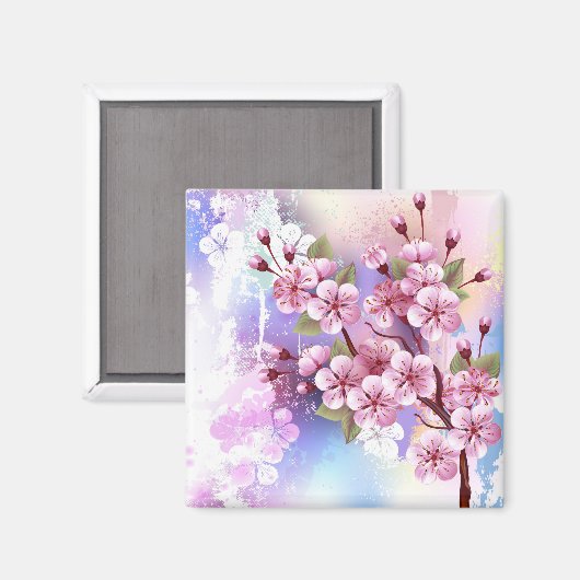 Roze Sakura op het schilderen Achtergrond Magneet (Voorkant / Achterkant)