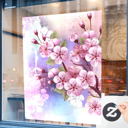 Roze Sakura op het schilderen Achtergrond Raamsticker (Cafe Raam)