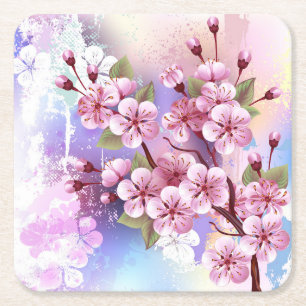 Roze Sakura op het schilderen Achtergrond Vierkante Kartonnen Onderzetter