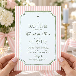 Roze Salie Groene Streep Meisje Doop Christening Kaart