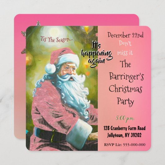 Roze Santa Elegant Jaarlijks Kerstfeest Kaart (Voorkant / Achterkant)