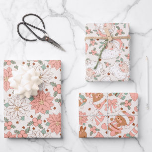 Roze Santa Floral Kerstspeelgoed Inpakpapier Vel